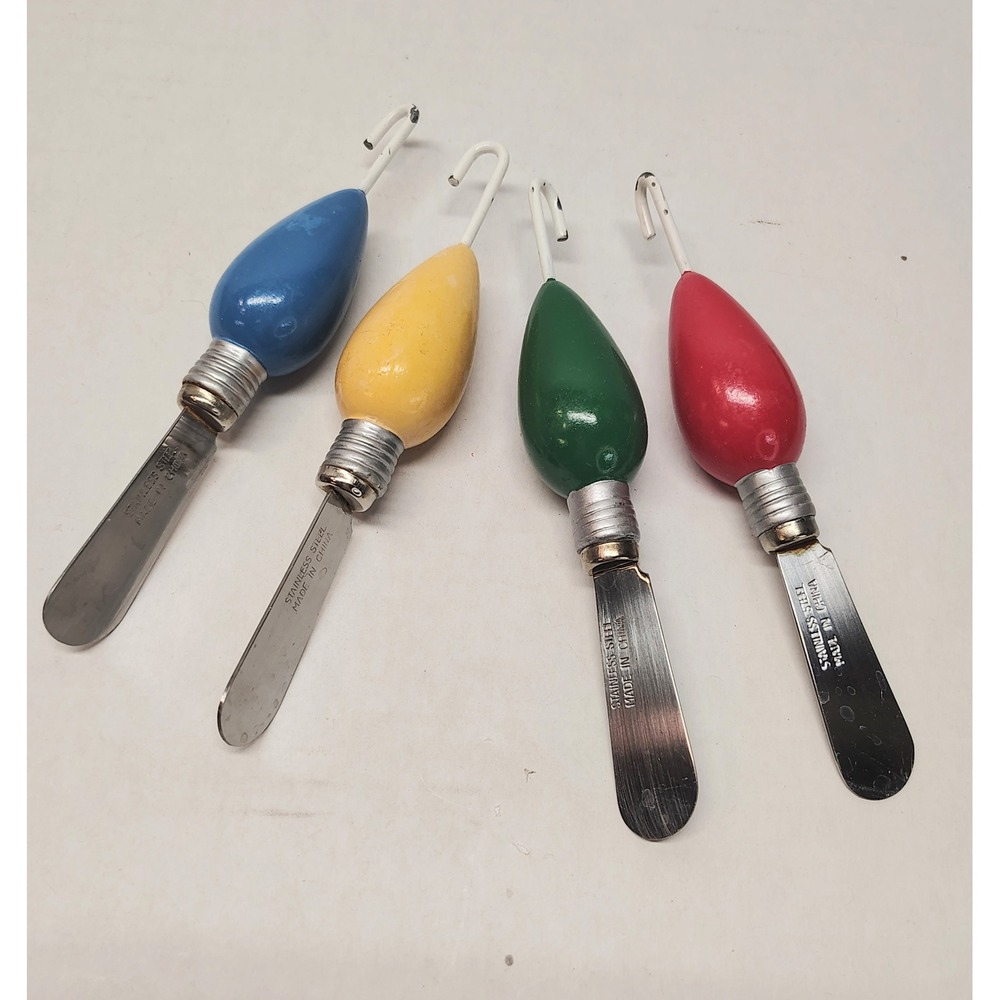 Vintage Christmas Light Bulb Cheese Spreaders Set of 4 Stainless Steel Holiday